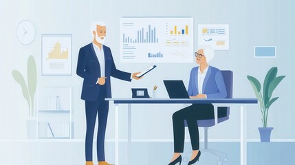 A financial advisor shares insights with a client in a contemporary office filled with charts and graphs