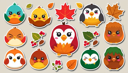 sticker set, different cute funny cartoon birds