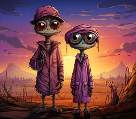 Two cartoon alien characters in pink outfits stand against a sunset background. One has a gun.