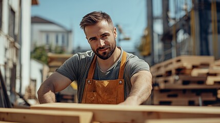 Obraz premium A skilled worker in an apron focuses on woodworking in a busy industrial setting.