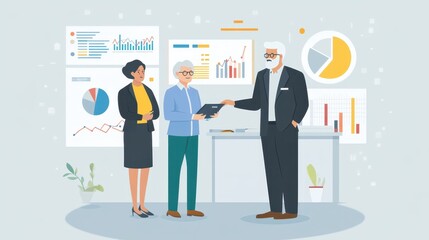 A financial advisor explains investment options to two clients in a contemporary office filled with financial charts and graphs