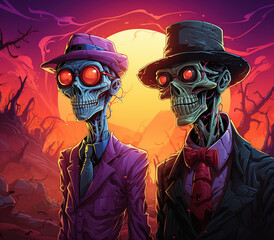 Two cartoon skeletons in suits and hats with glowing red eyes against a red sunset background.