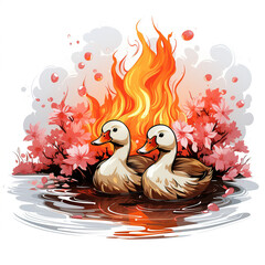 Two ducks in a pond with flames behind them, surrounded by pink flowers and water droplets.