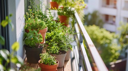 Fototapeta premium Urban Oasis - Lush Potted Plants and Herbs Transforming a Residential Balcony into a Private Garden Haven