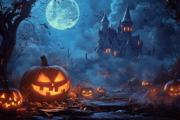 A Spooky Halloween Night: Glowing Jack-o'-Lanterns Light Up a Mysterious Pumpkin Patch Under a Full Moon