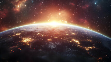 Sunrise over a glowing planet Earth seen from space.