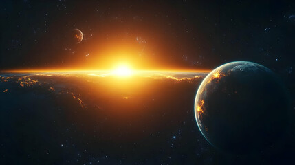 Obraz premium Sunrise over a planet in space with a crescent moon.