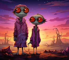 Two humanoid aliens in pink lab coats and red goggles stand in a desolate wasteland at sunset.