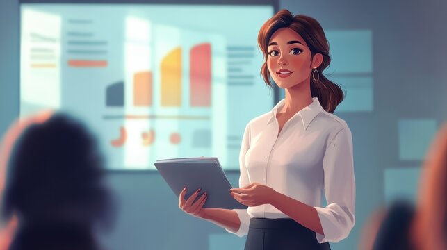 a confident businesswoman leading a presentation in an office setting, embodying leadership and professionalism in a corporate environment