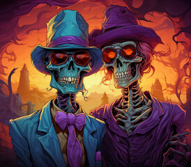 Two skeletons wearing sunglasses and hats, standing in front of a sunset background with spooky trees.
