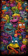 Vibrant and whimsical doodle pattern featuring cartoon faces, swirls, and abstract shapes in a colorful, psychedelic style.