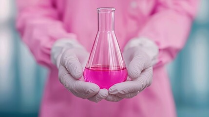 A scientist in a pink lab coat holds a conical flask filled with vibrant pink liquid, showcasing innovation and research in chemistry.