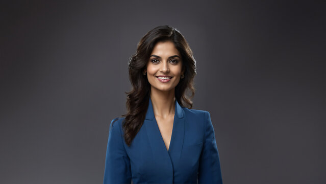 Mature Indian businesswoman exuding confidence and natural beauty. Brunette hair and flawless skin complement her warm smile