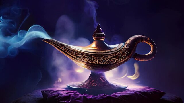loop Genie's magic lamp emitting blue smoke standing on a red pillow