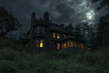 a haunted house at night, with dark clouds, a full moon, and glowing windows, creating a chilling and mysterious atmosphere