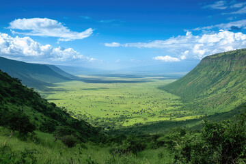 Naklejka premium Explore the breathtaking vastness of the Ngorongoro Crater, a natural wonder bounded by magnificent green hills and blue skies.