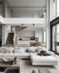 Modern minimalist home, clean lines, sleek furniture, neutral palette, open living space, spacious kitchen, natural light