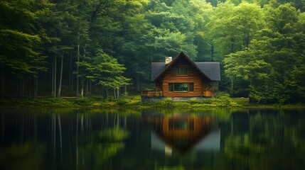 Obraz premium A rustic cabin nestled in the heart of an ancient forest, surrounded by towering pines and reflecting on crystal-clear waters. The focus is on the face of the cabin, which appears weathered and worn