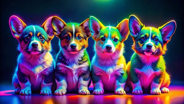 Neon Corgi Puppies: Electric, eye-catching, bold colors, futuristic vibe