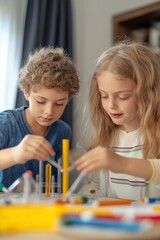 Two children are playing with blocks and a ruler. One of the children is wearing a blue shirt