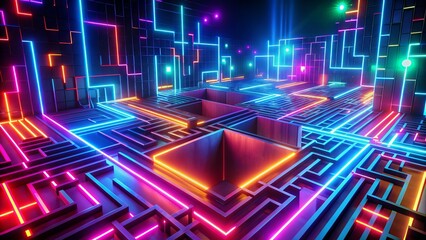 Neon Nighttime Maze: Fluctuating Neon Lights, Geometric Shapes, Dynamic Composition, Pixel Art Aesthetic