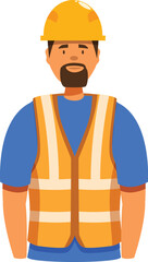 Construction worker wearing a hard hat and safety vest is smiling
