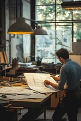 A man is sitting at a desk with a piece of paper in front of him. He is drawing a design on the paper. The room is dimly lit, and there are several other pieces of paper scattered around the desk