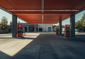 Empty Gas Station with Red Canopy