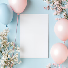 Mockup of a card. Minimalist composition with a floral background and balloons. A blank white vertical sheet of paper. Space for placing text or design. A template for invitations, greeting cards