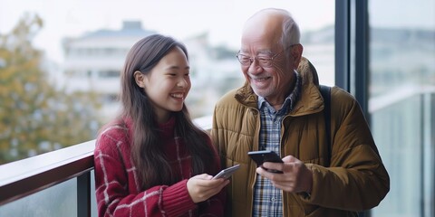 A young woman and an older man are standing on a balcony, both looking at their cell phones. The woman is smiling, and the man is wearing a brown jacket