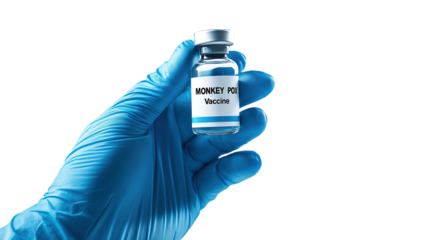 Hand Holding Monkeypox vaccine vial on transparent background, Mpox awareness