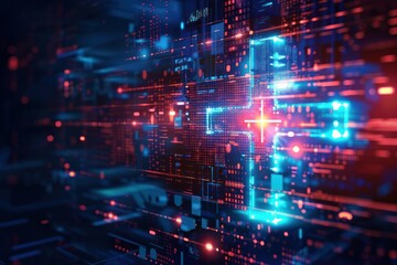 Fototapeta premium A computer screen with a red cross and blue and red lines