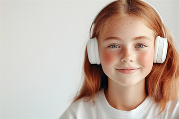 Naklejka premium Portrait of a cheerful redhead girl with freckles wearing headphones and white t-shirt and looking at camera, smiling. Isolated on white background. Copy space. Education or distance learning concept
