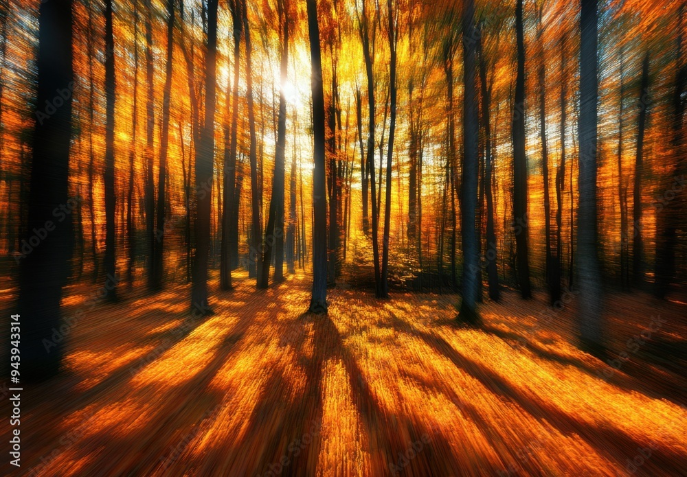 Poster a beautiful autumn forest with trees in bright golden and orange colors, the sun shines through them