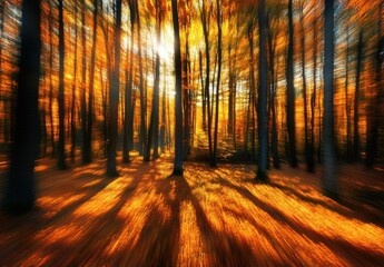 Fototapeta premium A beautiful autumn forest with trees in bright golden and orange colors, the sun shines through them. The light is blurred by motion, creating an impression of movement and energy