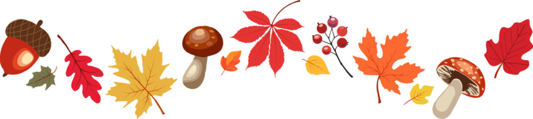 Autumn border with leaves ,mushrooms,acorns,berries. Wave of falling leaves. Leaf fall. Autumn flying leaves. Watercolor leaves in the wind. Autumn leaves seamless border.
