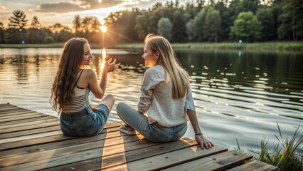  two girls sitting and having fun on the pier