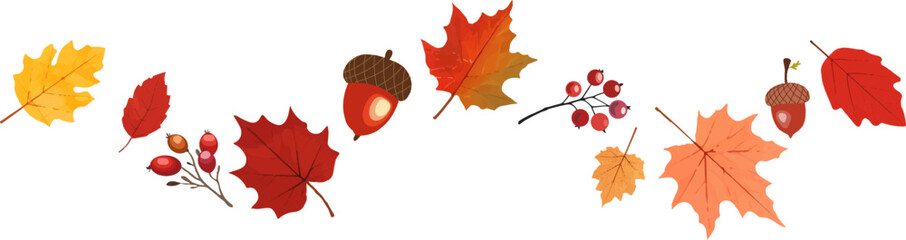 Autumn border with leaves ,mushrooms,acorns,berries. Wave of falling leaves. Leaf fall. Autumn flying leaves. Watercolor leaves in the wind. Autumn leaves seamless border. © Tally 18