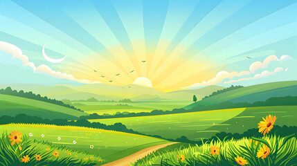 Obraz premium Vector illustration of beautiful summer fields landscape with a dawn, green hills, bright color blue sky, country background in flat cartoon