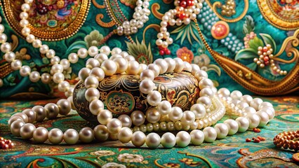 Fototapeta premium Oriental Opulence: Pearls and Strands, Asian, Jade, Paisley, Chinoiserie, Luxe