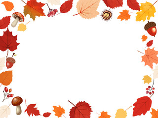 Autumn leaf border.Autumn leaves border frame.Leaf fall.Autumn flying leaves..Autumn leaves seamless border.Horizontal border with colorful leaves ,acorns,mushrooms,berries