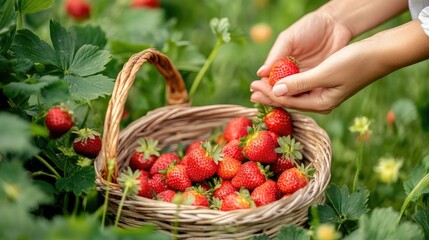 Close-up of ripe strawberries being carefully picked and placed in a basket