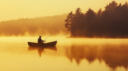 A fisherman in a small boat casting a line into a serene lake, early morning light casting a golden hue on the water, soft focus background of misty trees and distant mountains, peaceful and