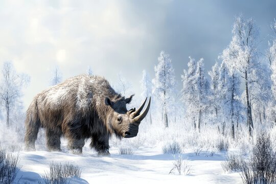 A woolly rhinoceros stands in a snowy winter landscape with frost-covered trees, depicting an Ice Age scene with a prehistoric animal in its natural habitat