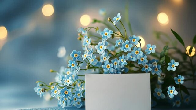 A cute light blue flowers bouquet with a small white square card.