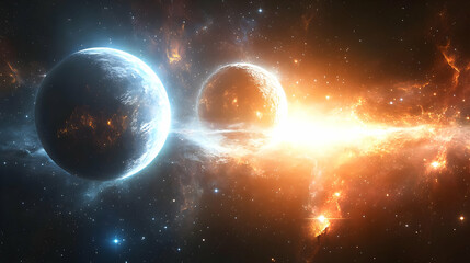 Two planets in a cosmic dance, with one appearing to be engulfed in flames.