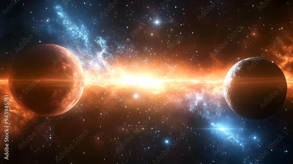 Wall mural two planets in a distant galaxy with a bright light source in the middle.