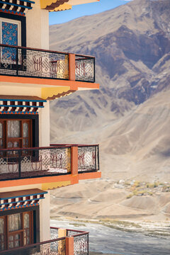 Architectural detail of Key Monastery in Himachal Pradesh, India; Spiti Valley, Himachal Pradesh, India