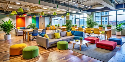 Playful and Engaging Co-working Haven: Vibrant colors, playful furniture, interactive games, stimulating environment, fostering collaboration