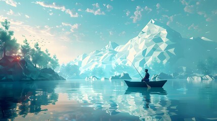 Fototapeta premium Low Poly Mountain Lake Landscape With Fisherman.